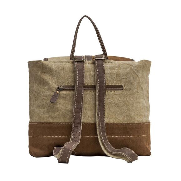 Myra Bag Handmade Tahini Backpack Upcycled Canvas & Cowhide Leather - Picture 4 of 9